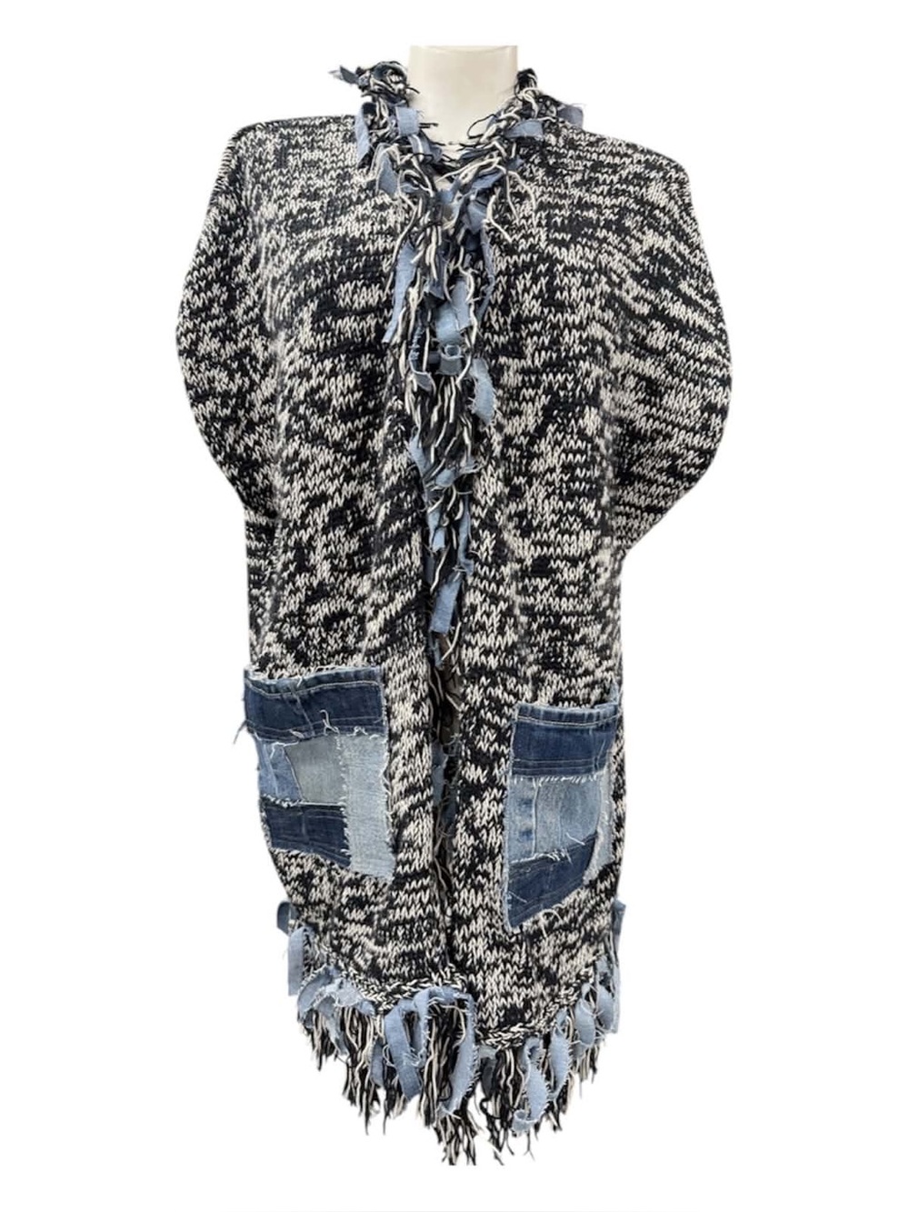 Shannon Passero Black & White Open-Front Fringe Cardigan with Denim Patch Pocket